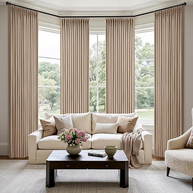 MIULEE Pinch Pleated Thick Linen Curtains 90 Inch 4 Panels Set Back Tab Memory Trained Pinch Pleat Semi Sheer Light Filtering Privacy Curtain Let Light in Window Drapes for Living Room Bedroom Taupe