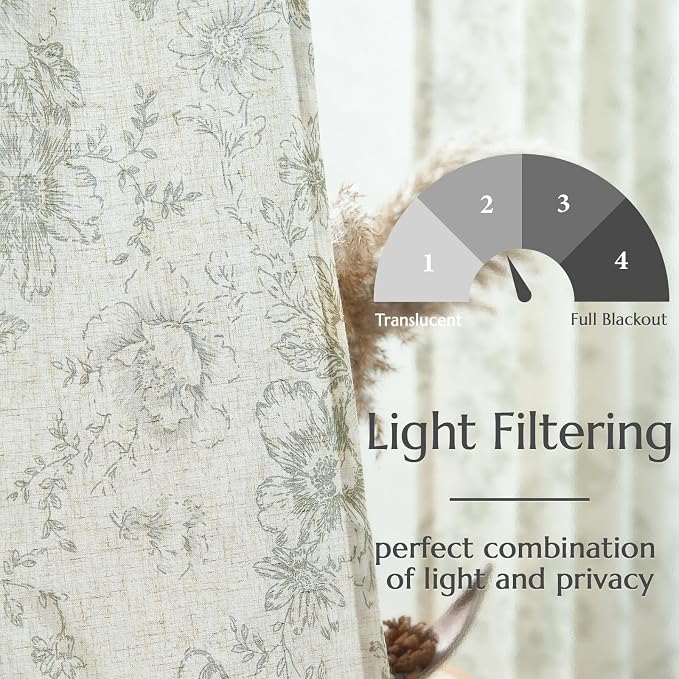jinchan Green Floral Linen Curtains 84 Inch Vintage Back Tab 2 Panels | Light filtering drapes, semi sheer, farmhouse, cottagecore, rustic, living room, bedroom, rod pocket, window treatment