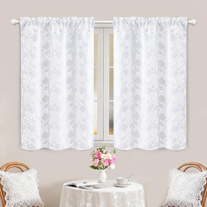 Yinhua White Kitchen Curtains 36 Inch Length Double Layer Blackout Curtains for Kitchen Rod Pocket Short Curtain for Windows, Small Window Curtain for Bathroom, Living Room, 2 Panels