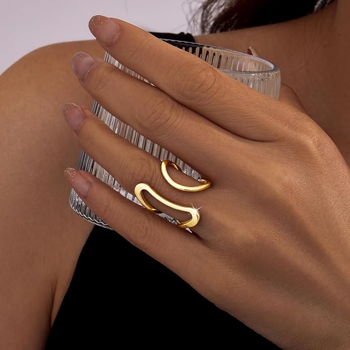 Gelbesty Waterproof Gold Statement Rings for Women, 14K Gold Plated Chunky Open Stackable Rings Non Tarnish Fashion Adjustable Stainless Steel Pinky Knuckle Signet Vintage Ring Jewelry Size 5-11