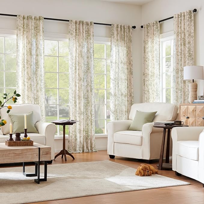 jinchan Green Floral Linen Curtains 84 Inch Farmhouse Back Tab 2 Panels | Light filtering drapes, semi sheer, farmhouse, cottagecore, rustic, living room, bedroom, rod pocket, window treatment