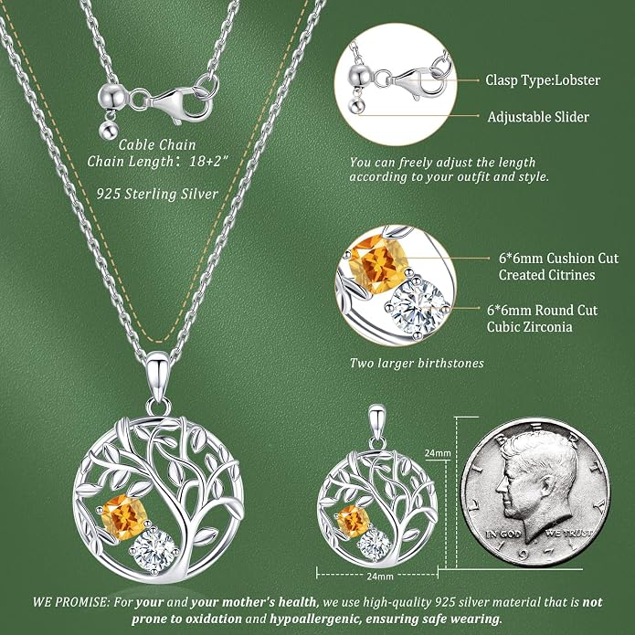 Tree of Life Birthstone Necklace for Women 925 Sterling Silver Birthstone Pendant 12 Months Necklaces with Zircon Birthday Gifts for Women, Mom, Grandma Cable Chain 18"+2"