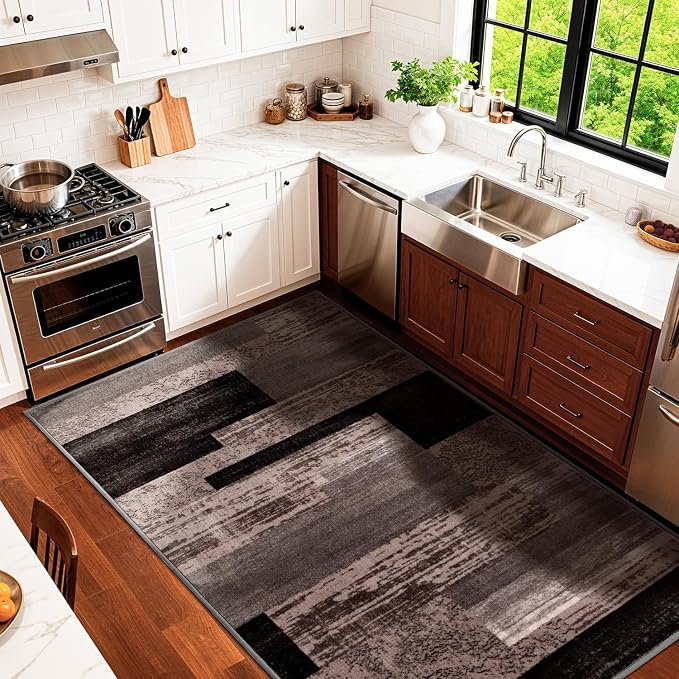 LIANLAM 3x5 Washable Area Rugs for Living Room and Bedroom(3x5,Chocolate) | Non-Slip Small Carpet,Vintage Checkered Pattern, Stain Resistant Faux Wool Low Pile Soft Rug for Dining Room,Office,Nursery