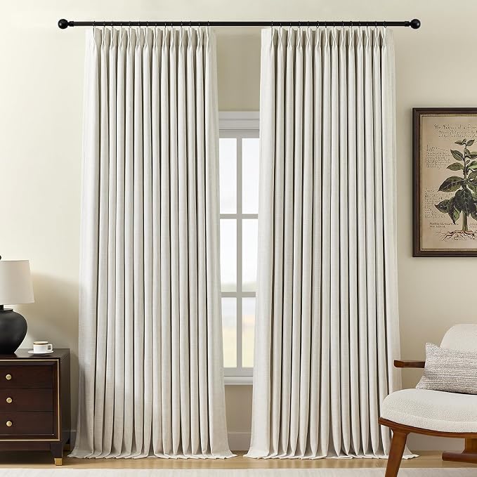 Pinch Pleated Curtains 100% Blackout Linen Curtains 96 Inches Long for Bedroom Living Room, Natural Memory Trained Thermal Insulated Room Darkening Window Drapes with Hooks 2 Panels 40"Wx96"L