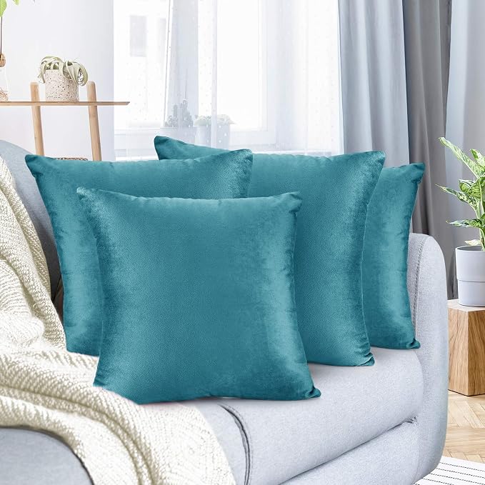 Nestl Throw Pillow Covers, Cozy Velvet Decorative Pillow Cases 24 x 24 Inches, Soft Solid Couch Pillow Covers for Sofa, Bed and Car, Set of 4 - Teal