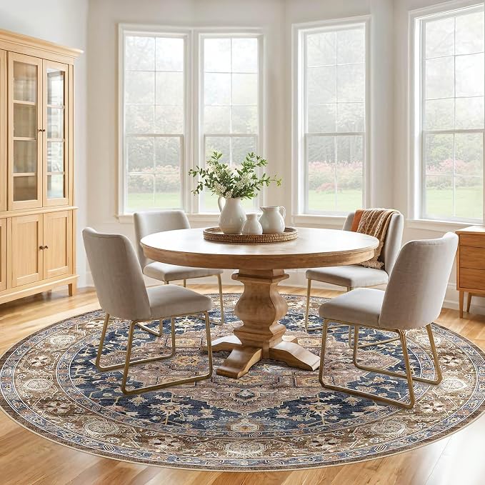 Round Rug Living Room Rugs: 10x10 Washable Boho Neutral Large Circle Soft Indoor Floral Stain Resistant Floor Farmhouse Carpet for Bedroom Nursery Kids Playroom Office Dining Room Dorm- Yellow Blue