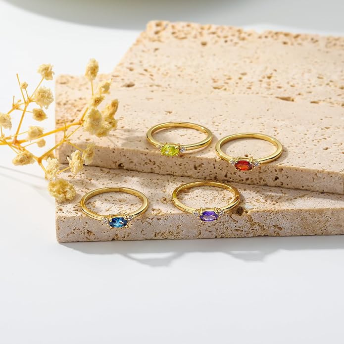 Lunvky 14k Gold Plated Birthstone Rings for Women Teen Dainty Stackable Pinky Rings Non Tarnish CZ Emerald Green Gemstone Thumb Finger Band Ring Cute Jewelry Birthday Gift Size 6-11