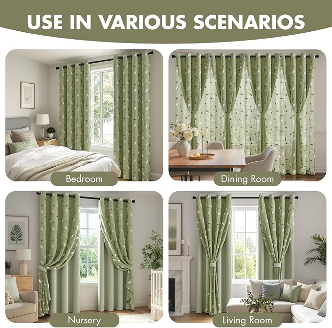 MIULEE Sage Green Double Layer Curtains 84 Inches Long, Leaf Patterned Sheer Floral Drapes and Blackout Room Darkening Window Curtains for Living Room Bedroom, Grommets Top, 52" W x 84" L, 2 Panels