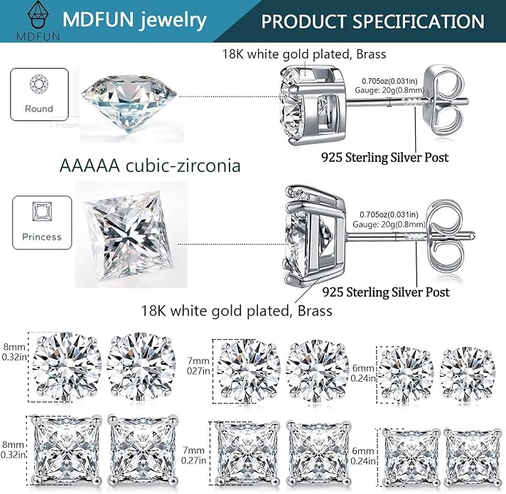 MDFUN 6 Pairs Stud Earrings Set 3mm/5mm/7mm Princess & Round Cubic Zirconia Earrings Hypoallergenic 316L Surgical Stainless Steel CZ Earrings for Women Men