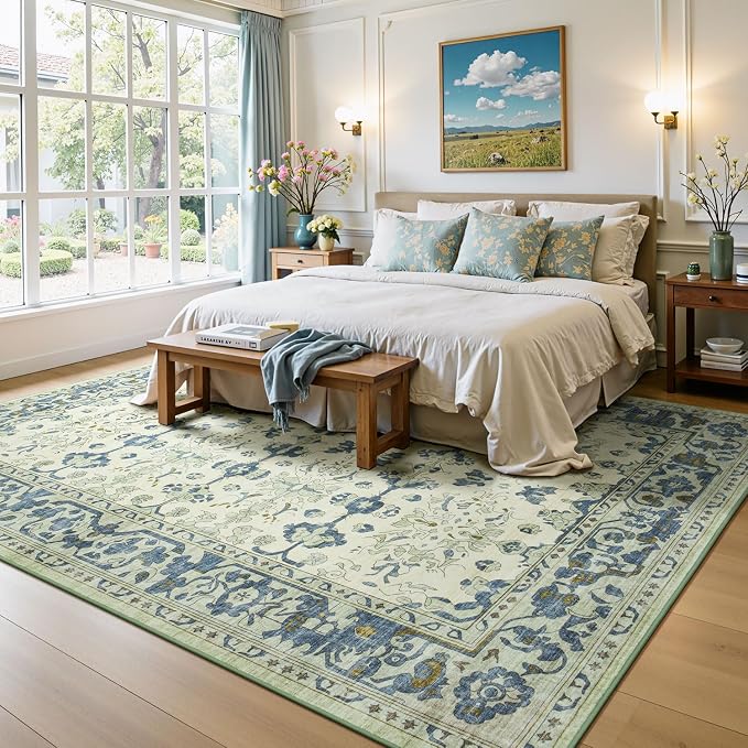 Lessymo Washable Area Rug for Living Room,9x12 Large Rugs with Non-Slip Backing,Soft Boho Carpets for Bedroom Dining Room Nursery Home Office,Light Blue