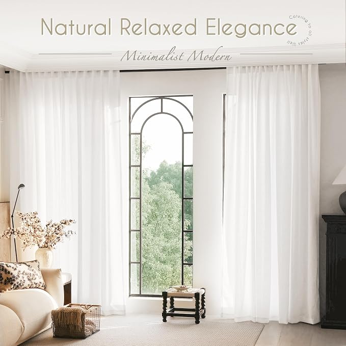 White Linen Curtains 72 inch Long 2 Panel Set for Living Room Back Tab Semi Sheer Light Filtering Bedroom Window Curtain 72 inch Length Cotton Textured Modern Elegant Coastal Drapes 60x72