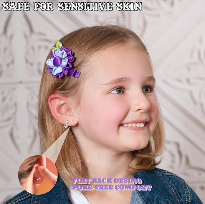 10/12 Pairs Hypoallergenic Flat Back Earrings - Stainless Steel Set for Sensitive Ears - Cute Girls & Toddler Earrings
