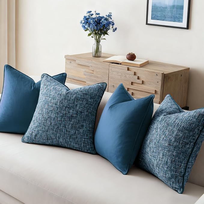 a moment Blue 4 Pack Throw Pillow Covers - Chenille & Velvet Set with Piping, Farmhouse Textured Design Pillow Cases for Couch Sofa Bed Livingroom (16x16 Inch, No Insert)