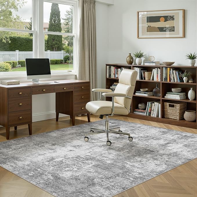 7x9 Area Rug, Non Slip Low Pile Washable Large Rug for Living Room | Soft Modern Abstract Carpet, Stain Resistant Kid & Pet Friendly, Made for Dining Room, Nursery, Home Office Indoor - Gray