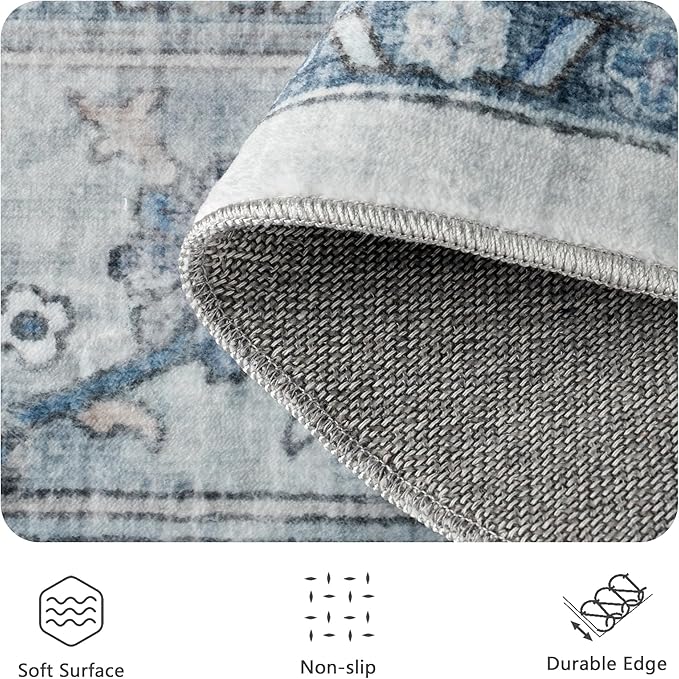 8x10 Area Rugs for Living Room - Washable Rug Vintage Distress Boho Medallion Rugs for Bedroom, Soft Non-Slip Backing Low Pile Carpet for Dining Room Office Nursery Home, Blue Grey Purple