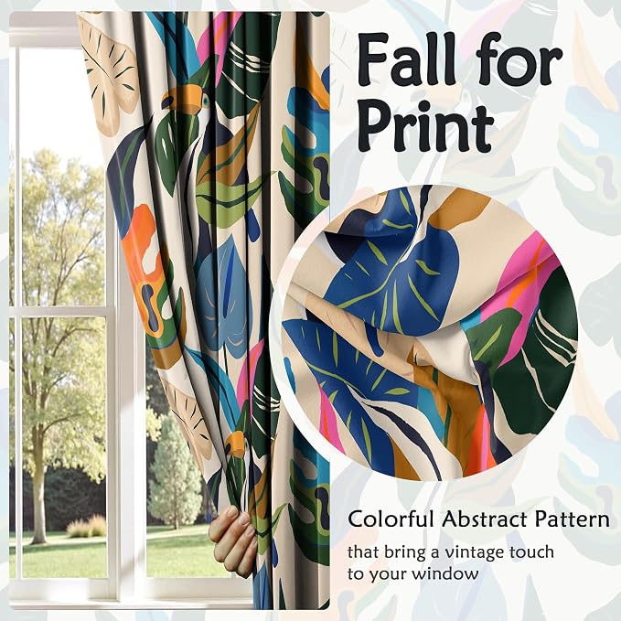 Colorful Tropical Abstract Blackout Window Curtains, Boho Floral Plant Jungle Palm Leaf Toucan Birds Art Decor for Bedroom, Living Room, Art Gallery Grommet Window Drapes 2 Panel Set, 52"x84"