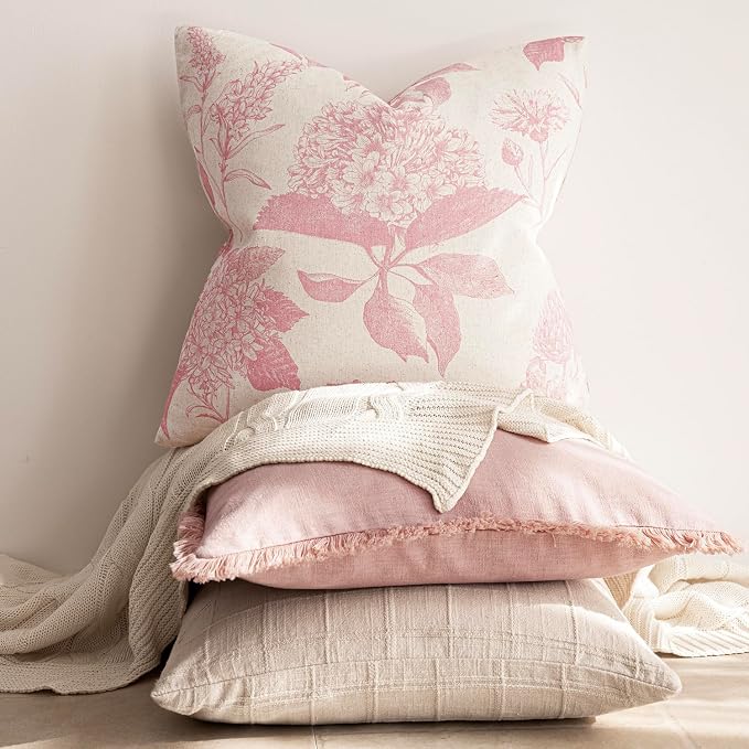 Foindtower Set of 2 Linen Floral Throw Pillow Covers Neutral Vintage Print Decorative Cozy Cushion Covers Farmhouse Boho Home Decor for Sofa Chair Couch Bedroom Living Room,22×22 Inch,Light Pink