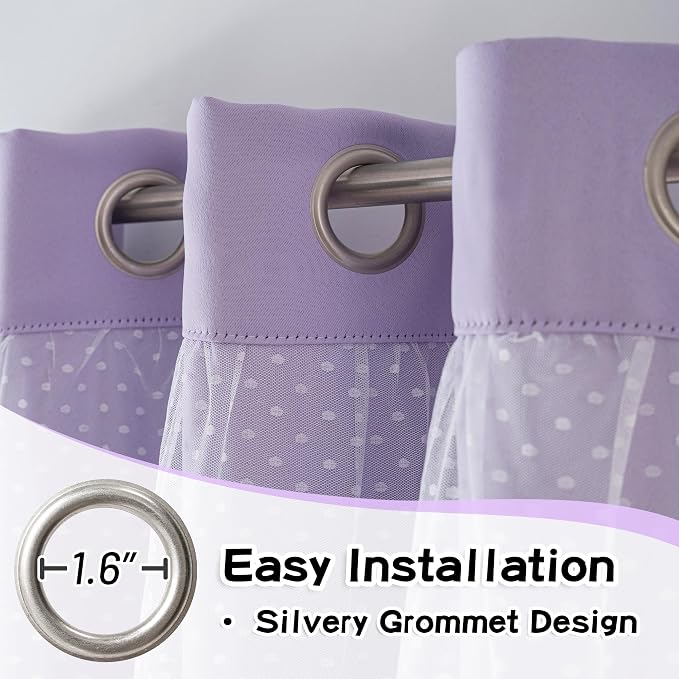 MYSKY HOME Lilac Curtains for Girls Bedroom & Nursery Kids Purple Lavender Blackout Curtains 72 inch Long Double Layer with Polka Dots Sheer, Grommet Tops, 52" Wide, 2 Panels