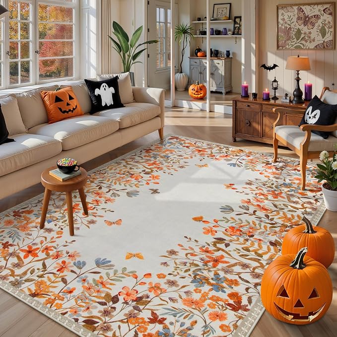 Wonnitar 8x10 Washable Area Rug, Burnt Orange Floral Rug for Living Room, Boho Large Botanical Bedroom Carpet, Non Slip Nursery Rug, Farmhouse Dining Room Decor (8x10 Orange)
