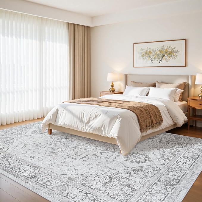 10x12 Area Rugs for Living Room:Washable Vintage Medallion Rug Non-Slip Soft Low Pile Gray Large Rugs Indoor Retro Carpet for Bedroom Kitchen Nursery Dining Table Office (Gray, 10'x12')