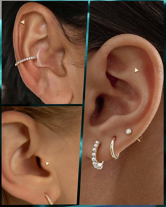 COCHARM 14K Real Gold Helix Tragus Cartilage Piercing Jewelry-Titanium Post-Threadless Tragus Conch Cartilage Earring Stud Flat Back 16g Labret Stud 6mm, 8mm Push Pin Triangle Medusa Jewelry