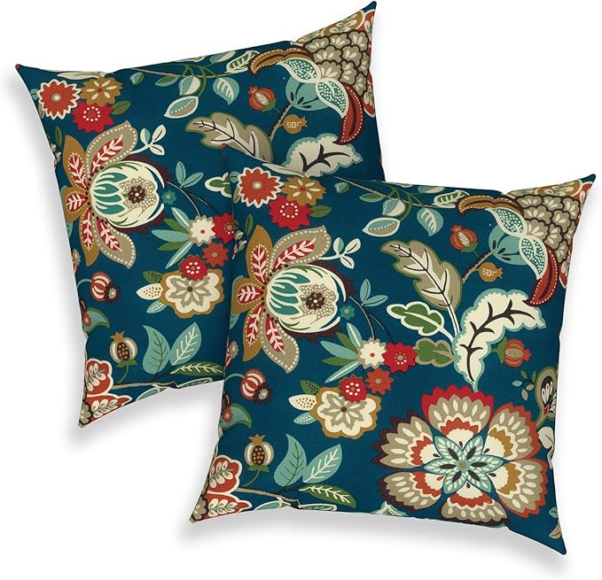 Outdoor 16x16 Inch Throw Pillow Covers Set of 2, All Weather Square Pillow Cases, Patio Cushion Pillow of Home Furniture Use, Peacock Blue