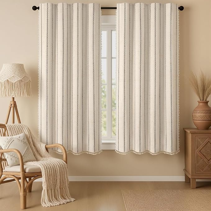 Beige Boho Blackout Curtains 2 Panels 63 Inch for Living Room Bedroom, Linen Texture Farmhouse Curtains with Tassels and Black Cotton Embroidery Vintage Rustic Western Rod Pocket