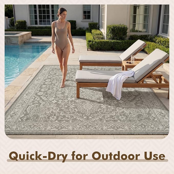 MontVoo-Outdoor Rug-Patio Rug 8x10 Polypropylene Indoor Outdoor Rugs Carpet for Patio Deck Balcony Porch, Textured Weave, Durable for High Traffic, Fade-Resistant, Vintage Medallion Silver Grey