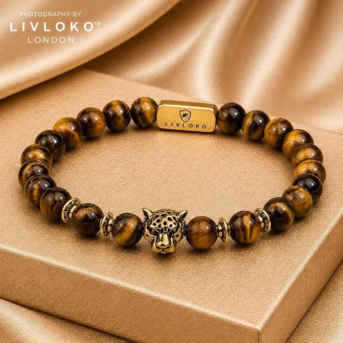 LONDON Mens Bracelet Leather Black Multi-Layer Stone Beads Adjustable Steel Clasp Viking Rope Bands Surfer Man Wristband Male UK Jewellery Gift box Boyfriend Dad Son Brother Tiger Eye