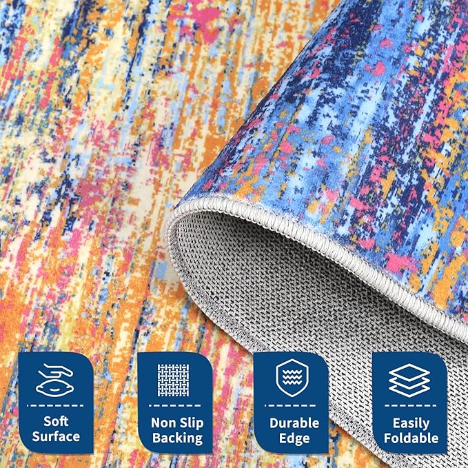 ROYHOME Washable Runner Rug 2x6 Modern Abstract Kitchen Rugs, Non Slip Bathroom Rug, Low Pile Laundry Room Soft Long Carpet for Hallway Bedroom Entryway, Blue/Orange