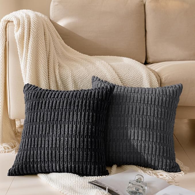 Softalker Throw Pillow Covers 20x20 Inch, Set of 4, Corduroy Soft Striped Farmhouse Boho Pillow Cover, Modern Decorative Cushion Pillow Case for Couch Sofa Bedroom Living Room, Grey/Black