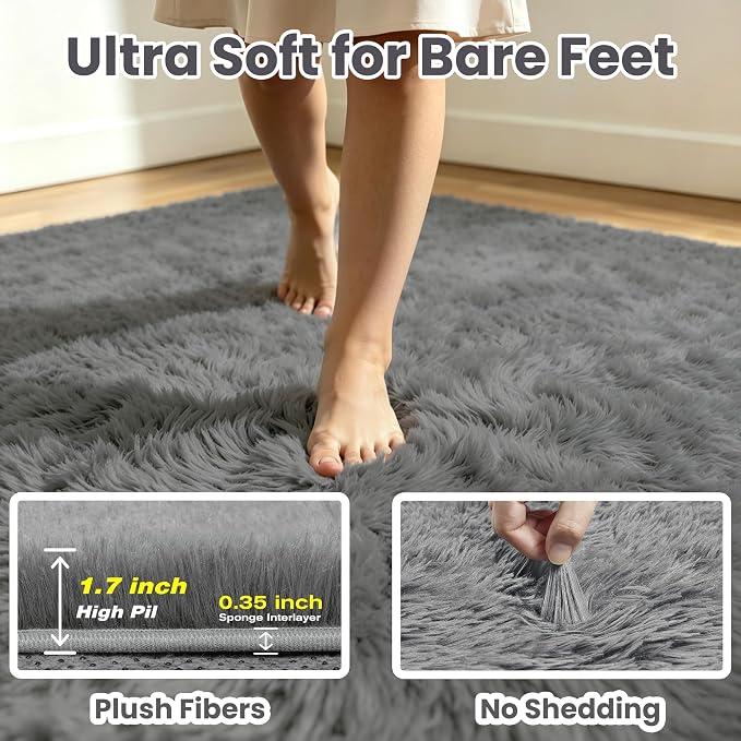 5x8 Area Rug for Living Room, Ultra Soft Fluffy Light Grey Rugs for Bedroom, Non Slip Large Shag Carpet, Fuzzy Plush Nursery Rug, Thick Washable Indoor Floor Carpets for Kids Office Dorm Home Decor