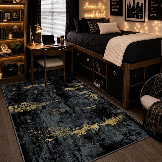 RELEANY Washable Area Rugs 4'x6' Non-Slip Modern Abstract Soft for Living Room Entryway Bedroom Kitchen, Print Pattern, Dark Black Gold