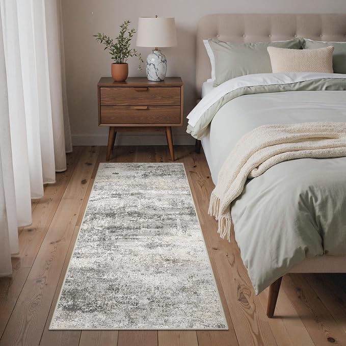 GENIMO Runner Rug Non Slip 2x6, Washable Rug Runner for Hallways Kitchen, Abstract Modern Kitchen Rugs, Low Pile Lightweight Carpet Runners for Entryway, Bedroom, Laundry, Grey Beige