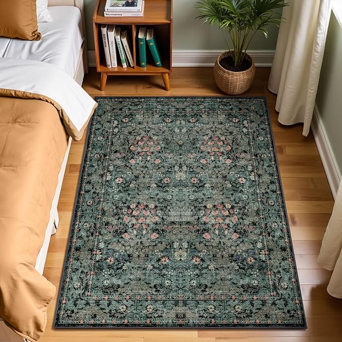 Large Moody 3x5 Rugs for Entryway Indoor, Dark Green Washable French Country Inspired Non Slip Area Rug for Dorm, Kitchen, Bedroom Bedside, Foyer, Laundry Room - Boho Distressed Floral Front Door Mat