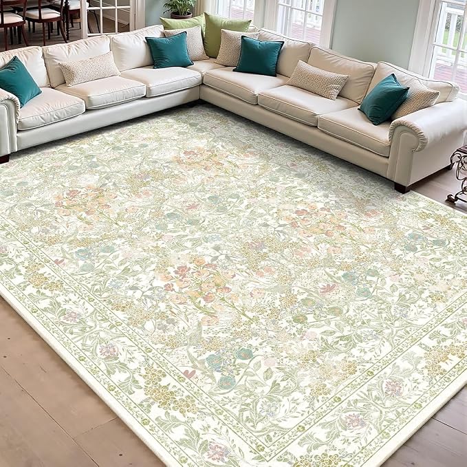 Floral Sage Green Washable Area Rugs 9x12 for Living Room, Vintage Large Thin Botanical Rug for Bedroom, Dining Room Under Table - Cottagecore Soft Boho Accent Carpet with Low Pile & Non-Slip