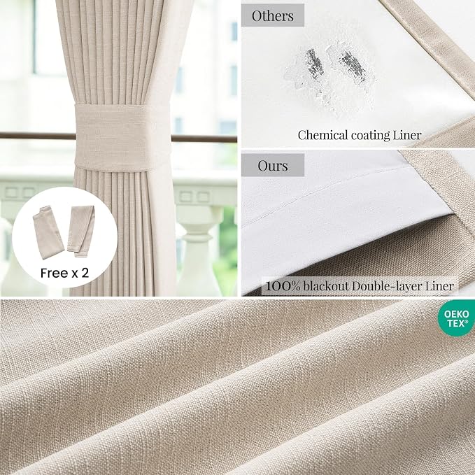 Topfinel 92 Inch Long Oatmeal Blackout Curtains, Full Light Blocking Energy Efficient Earthy Oatmeal Pinch Pleated Back Tab Panels for Bed Room Living Room Boho Style Window Drapes 52" W*92" L