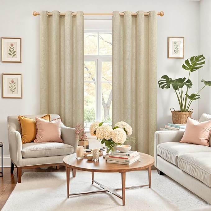 YoungsTex Burlap Linen Curtains 80 Inches Length for Living Room Farmhouse, Natural Semi Sheer Window Treatments Light Filtering with Grommet Privacy for Bedroom, 2 Panels, 52 X 80 Inch