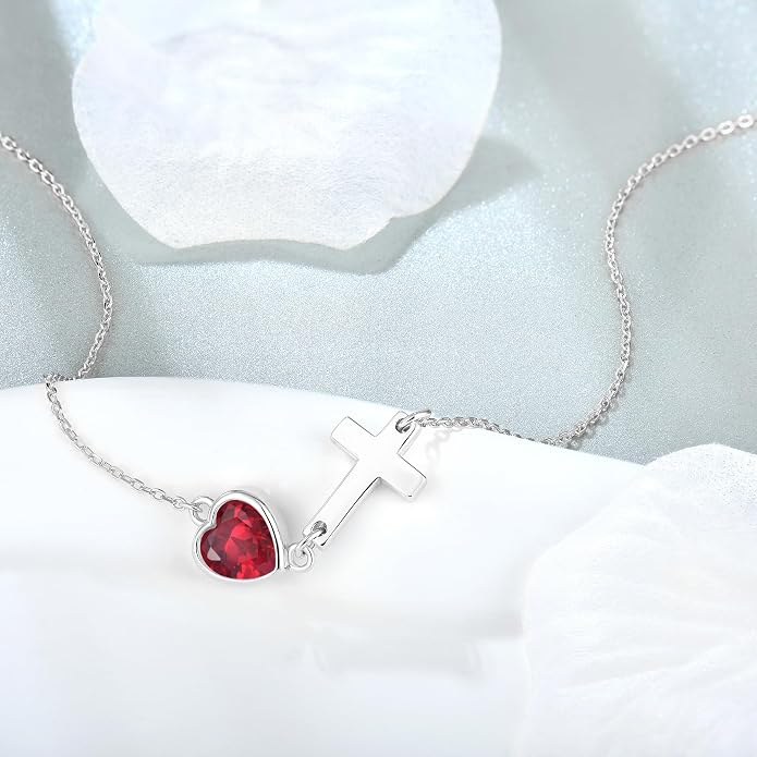 Sideways Cross Necklace with Heart Birthstone 925 Sterling Silver Dainty Tiny Cute Necklace Christian Religious Faith Gifts
