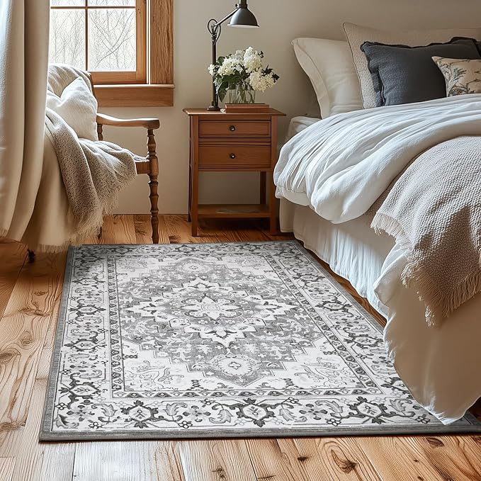 Lessymo 3 x 5 Area Rugs for Living Room- Machine Washable Area Rugs Boho Faux Wool Low Pile Area Rug for Bedroom Floral Medallion Vintage Rugs with Non-Slip Rubber, Kid & Pet Friendly,Grey Beige