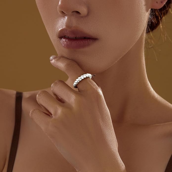 Non Tarnish Gold Chunky Rings for Women, 14K Gold Plated Statement Dome Rings Stacking Silver, Adjustable Mens Eternity Wedding Band Mixed Metal Jewelry Size 3-13