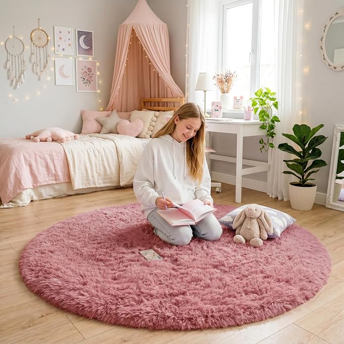 Amdrebio Blush Pink Fluffy Round Rug 4Ft for Bedroom, Fuzzy Furry Circle Area Rugs for Kids Room Decor Aesthetic, Shaggy Circular Carpet for Baby Girls Nursery Dorm, Cute Neutral Dusty Rose Mauve Rug