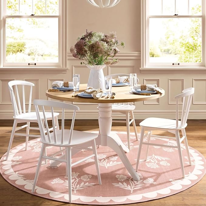 Pink Round Rug 4ft - Soft Washable Boho Floral Round Bedroom Rug Non Slip Stain Resistant Cute Scalloped Circle Area Rugs for Living Room Bathroom Nursery Dining Room Rugs for Under Table