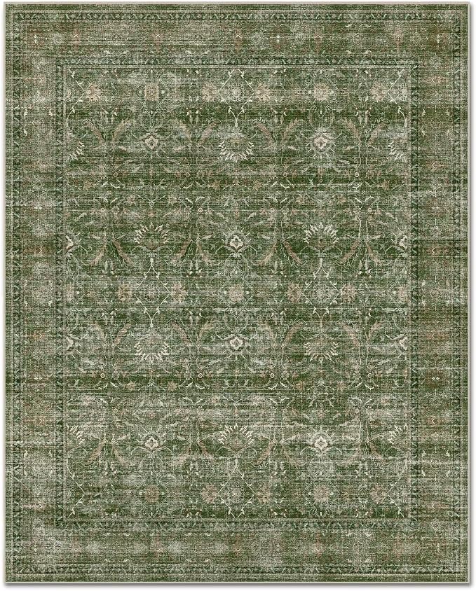 Washable 2x3 Entryway Rug, Boho Vintage Non-Slip Door Mat, Grass Green | 0.3" Neutral Throw Small Rugs for Bedroom Kitchen Nursery Entrance, Cushioned for High-traffic Area