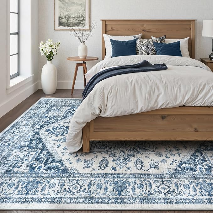 LIVEBOX Blue Washable Area Rug 8x10 - Large Vintage Tribal Living Room Rug Oriental for Bedroom, Non-Slip Retro Medallion Carpet Print Distressed for Dining Room Guest Office
