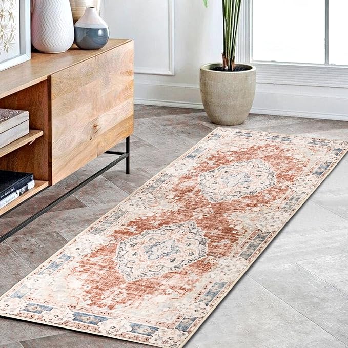 MUJOO Washable Runner Rug 2x6 Area Rugs Non Slip Low-Pile Flowers | Long Throw Carpet for Hallways Entryway Kitchen Bathroom Bedside Bedroom Laundry Boho Soft Indoor Floral Orange Navy Blue