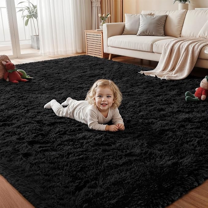 Area Rug for Living Room Bedroom: 6x9 Soft Fluffy Shag Rugs Upgrade Non-Slip High Pile Carpet Large Fuzzy Plush Indoor Floor Shaggy Carpets for Nursery Kid Playroom Office Dorms Home Decor Black