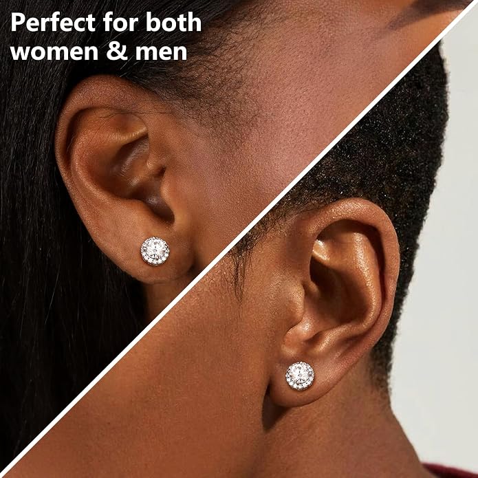 GEMQUEEN Moissanite Magnetic Earrings for Men : 18K White Gold Plated Hypoallergenic Stainless Steel Non Piercing Clip on Fake Earrings Studs Halo Round Square Diamonique Earring Women D Color VVS1