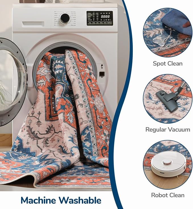 Lessymo 8 x 10 Area Rugs for Living Room- Machine Washable Area Rugs Boho Faux Wool Low Pile Area Rug for Bedroom Floral Medallion Vintage Rugs with Non-Slip Rubber, Tangerine Blue