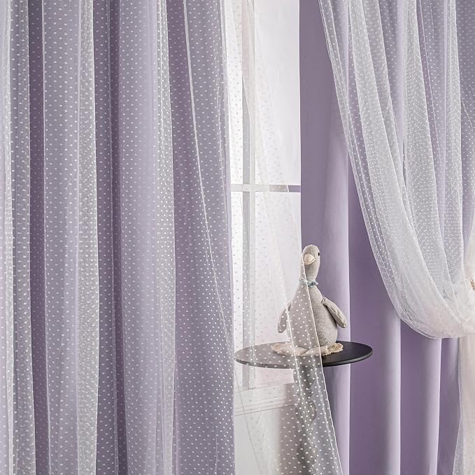 MYSKY HOME Lilac Blackout Short Curtains 63 inch Long for Bedroom Girls & Nursery Kids Purple Lavender Curtains Double Layer with Polka Dots Sheer, Grommet Tops, 52" Wide, 2 Panels